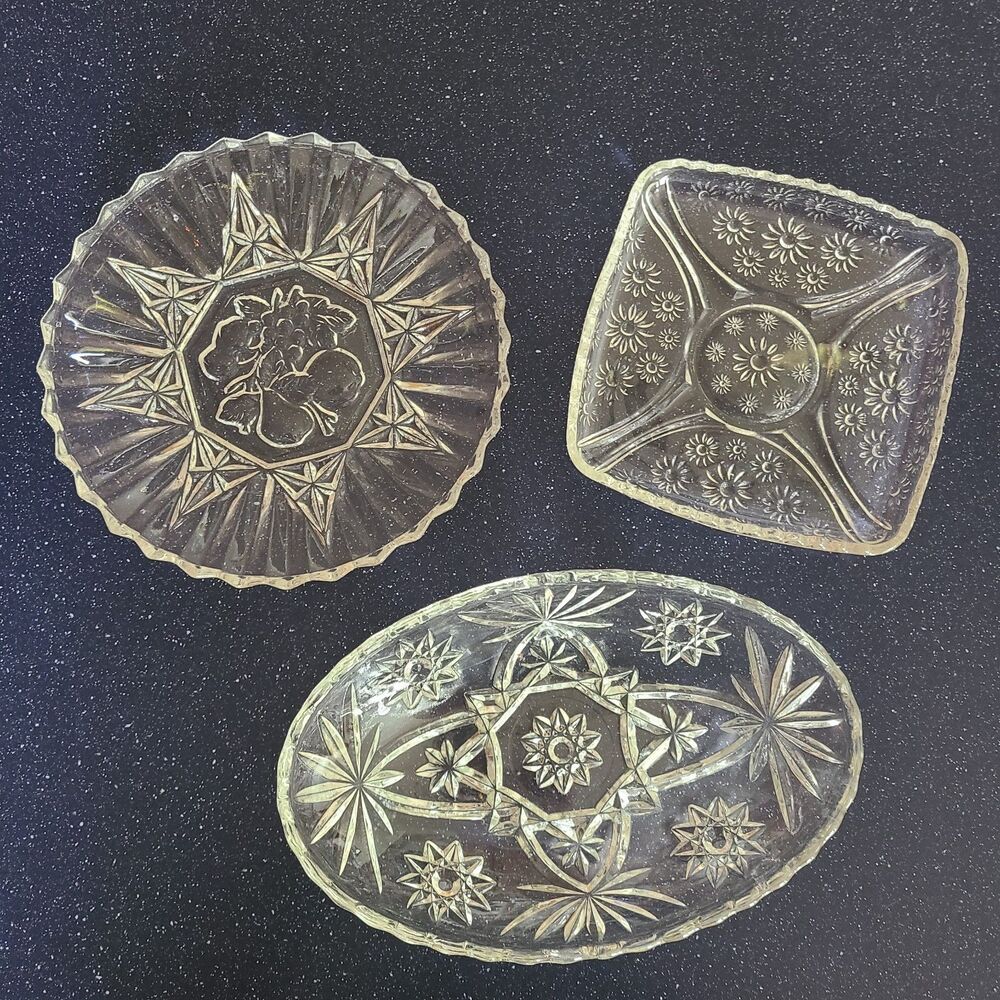 Vintage 1950s 1960s Pressed Patterned Glass Dishes Starburst Floral Fruit Styles